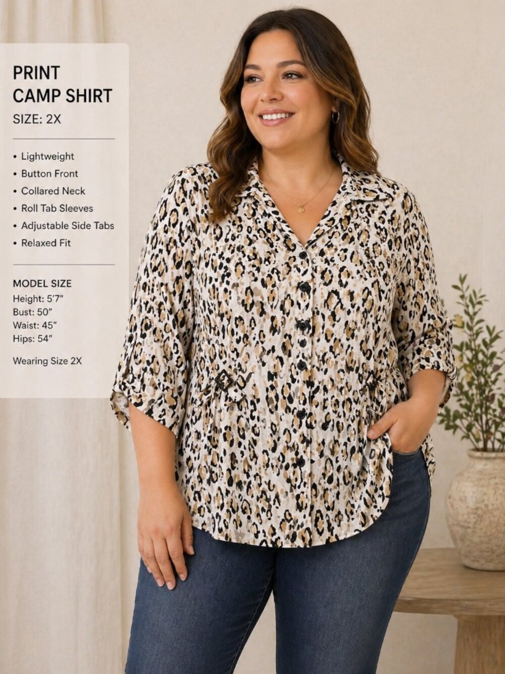 Carole Little Plus Size 2X Linen Animal Print Button Up Blouse Top